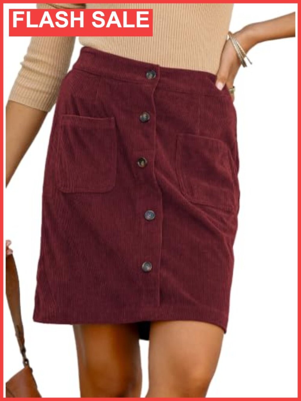 High Waist Corduroy Skirt Knee Length Flush Pockets